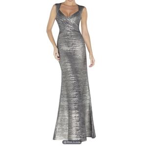 Herve Leger Camilla Metallic Stretch Bandage Mermaid Dress Gown M